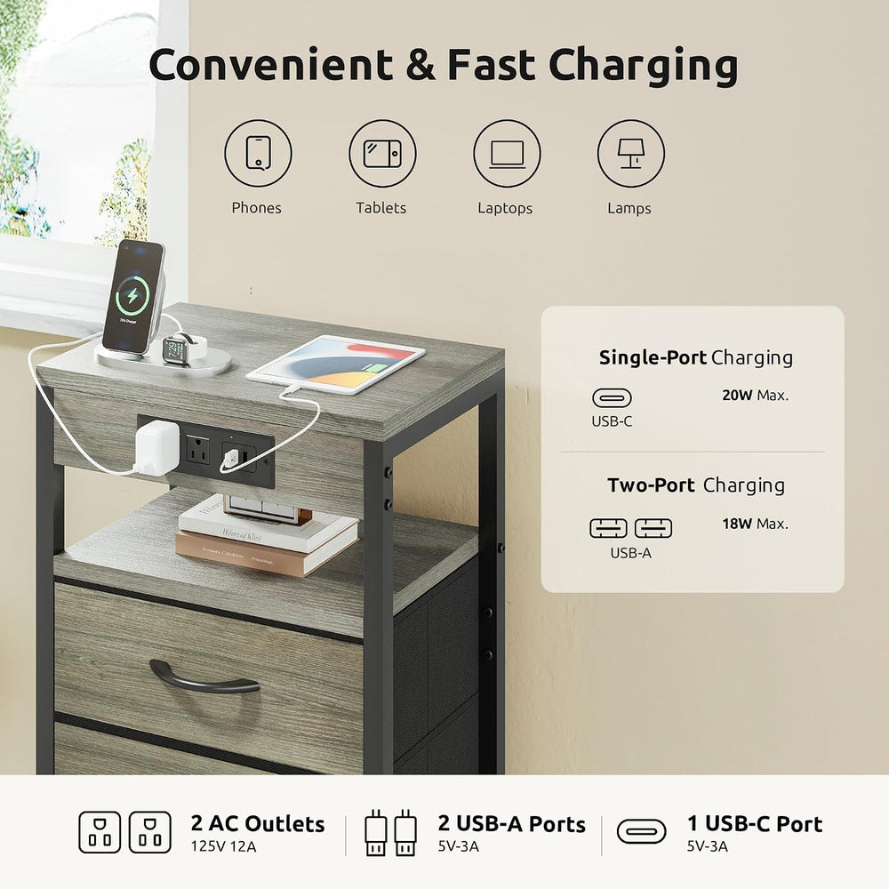 Lazzanto Night Stand with Charger Station, 4 Fabric Drawers, Grey | Nightstan...