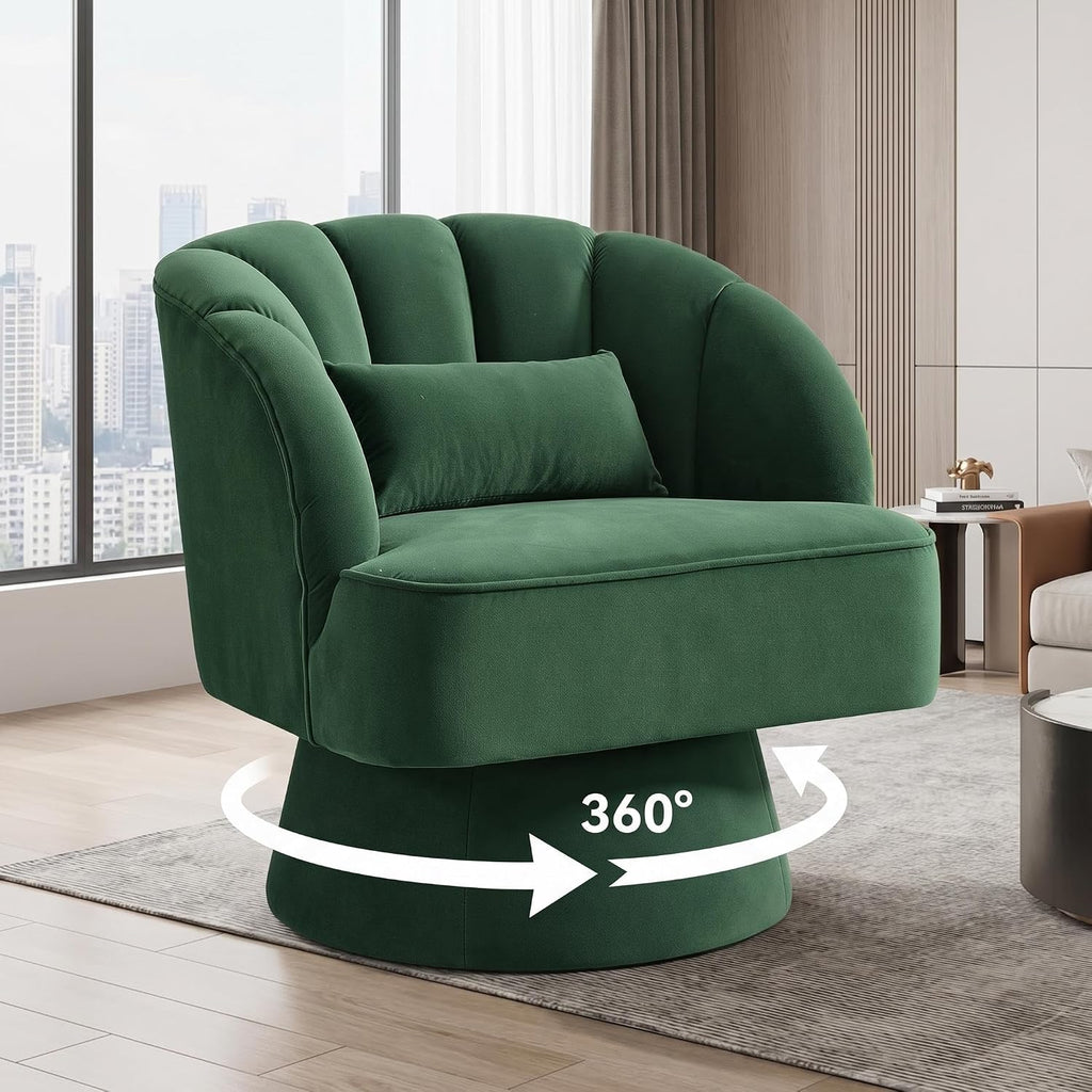 GarveeHome Modern 360° Swivel Velvet Barrel Accent Armchair – Striped Backrest & Plush Padding, Comfy Round Lounge Chair for Living Room, Bedroom, Reading Nook