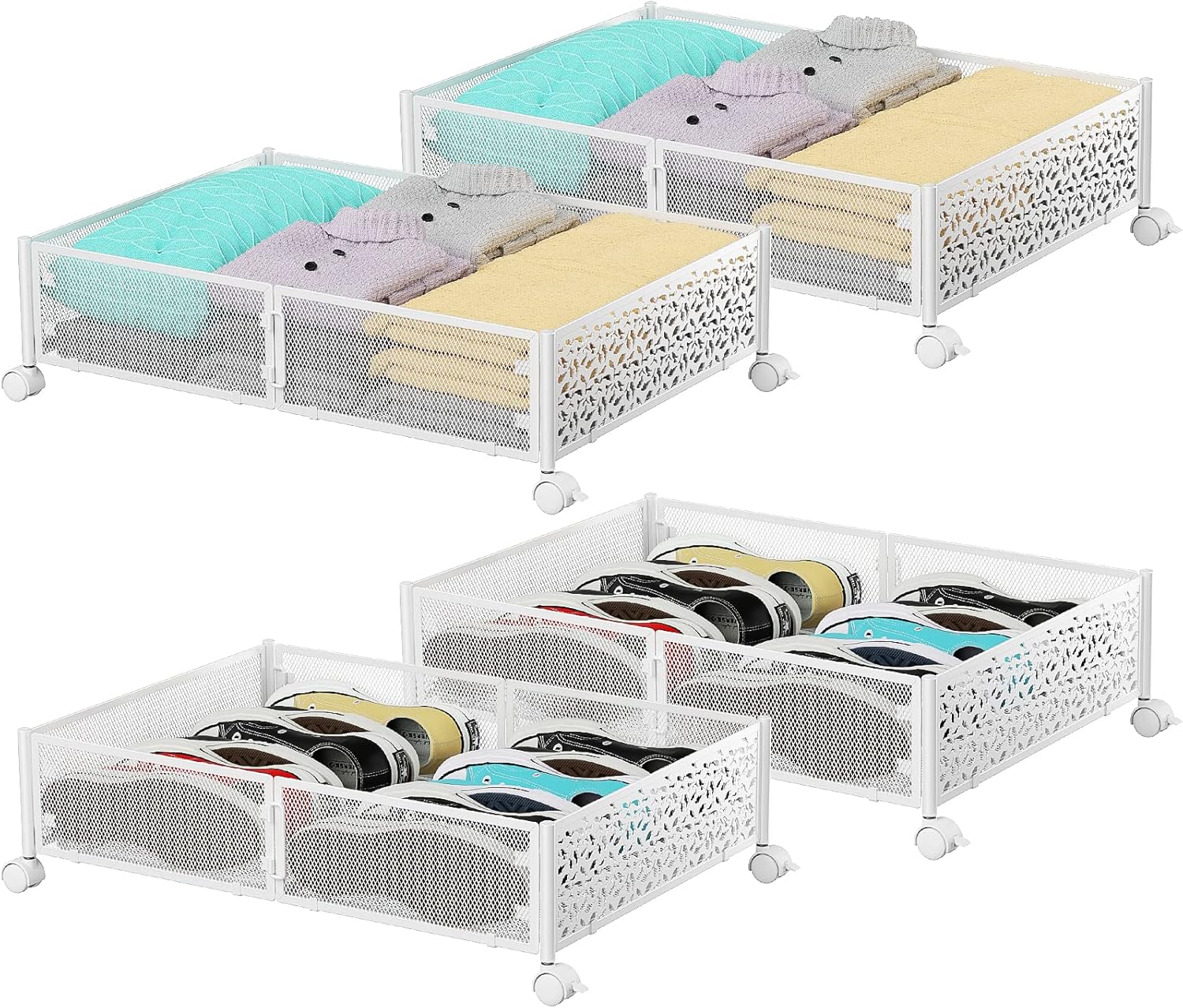 PHINOX Under Bed Storage, Under the Bed Storage Containers with Wheels, Under Bed Shoe Storage Organizer Drawer for Bedroom Clothes Shoes Blankets -4Pack