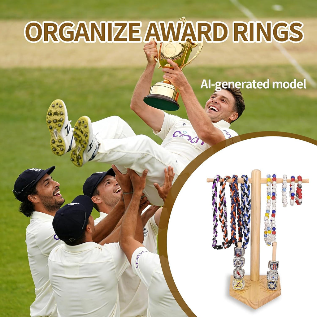 Baseball Ring Display Holder for Championship Rings, Wooden Sports Jewelry Organizer with Bat Stand for Baseball Softball Players, Athlete Gift Display Case for Rings Bracelets Medals, wood color