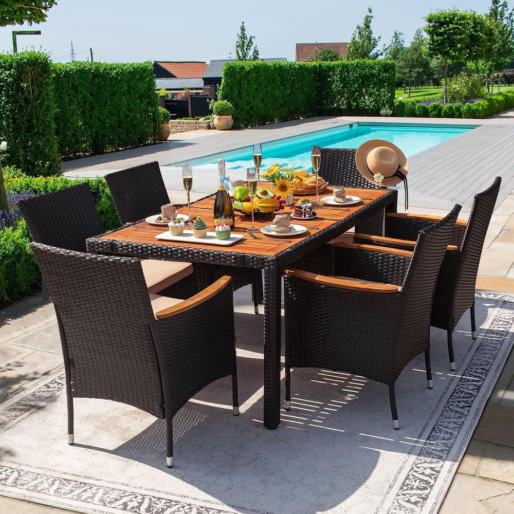 Devoko 7 PCS Acacia Wood Patio Dining Set, Black Rattan