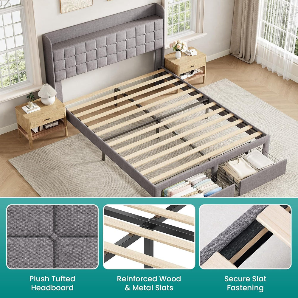 DUMOS Queen Bed Frame, Upholstered Platform Bed Frame with Storage Drawers