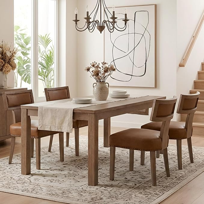 HNY Mid Century Modern Dining Chairs Set of 4, Farmhouse PU Leather Upholstered Accent Chairs Curved Nailhead Trim Backrest Kitchen Chairs, with Hardwood Frame, Brown