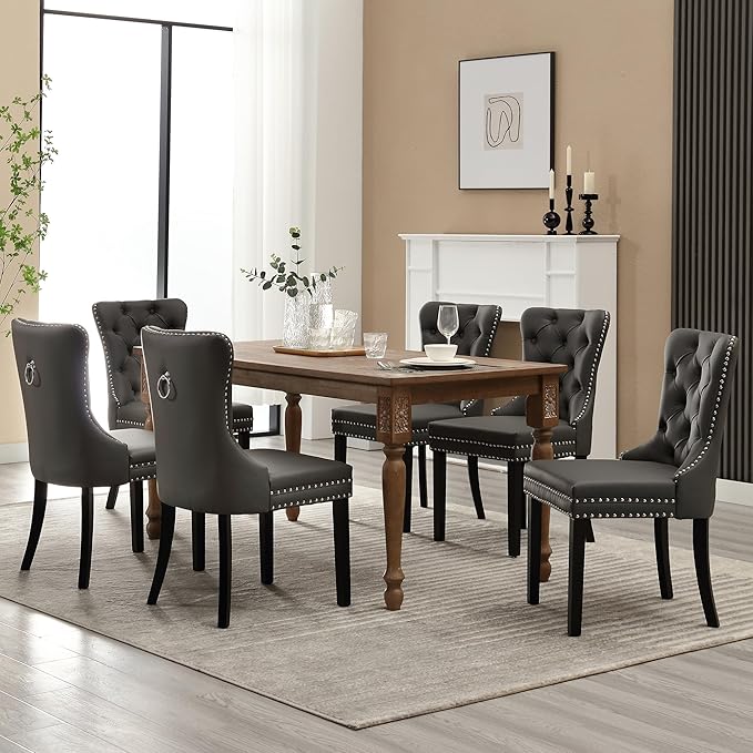 KCC Faux Leather Dining Chairs Set of 6, Upholstered High-end Tufted Dining R...