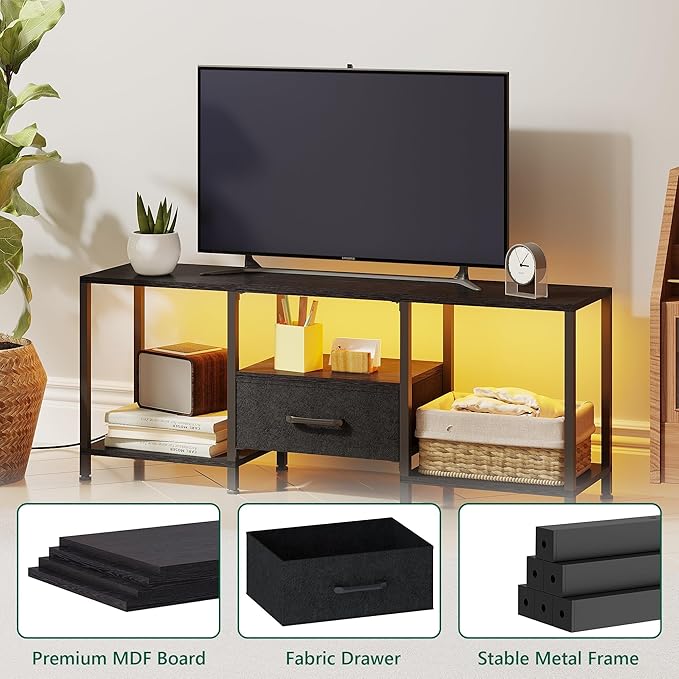 TV Stand with LED Lights, Entertainment Center with Open Shelves and Fabric D...
