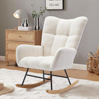 DKLGG Nursery Rocking Chair, Soft Teddy Fabric Rocking Chair Padded Seat with High Backrest for Nursery, Comfy Wingback Glider Rocker with Solid Wood Base for Living Room Bedroom(White)