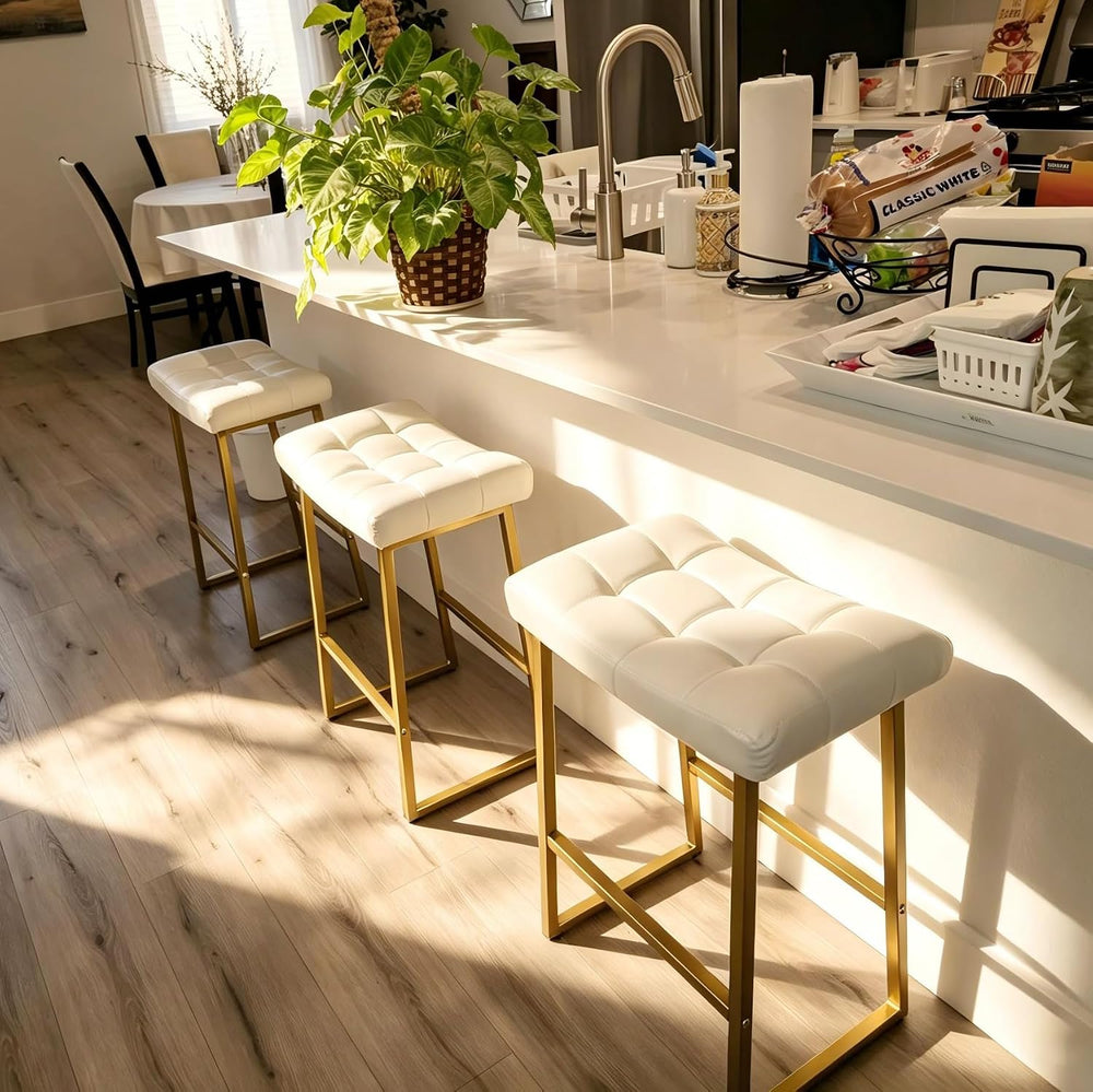 RNKSFX White & Gold Counter Height Bar Stools Set of 3 for Kitchen Counte...