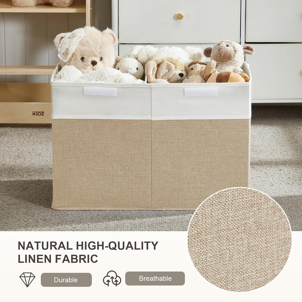 Large Toy Box with Flip-Top Lid, Collapsible Storage Organizer Bins with Dividers and Handles, Kids Bin Chest Baskets for Toys, Playroom Organizers, Nursery 25"x13" x16" (Beige & White)