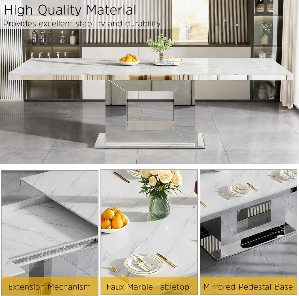 94 in Large Extendable Dining Table for 6 8 10, White Marble Pattern Top &amp...