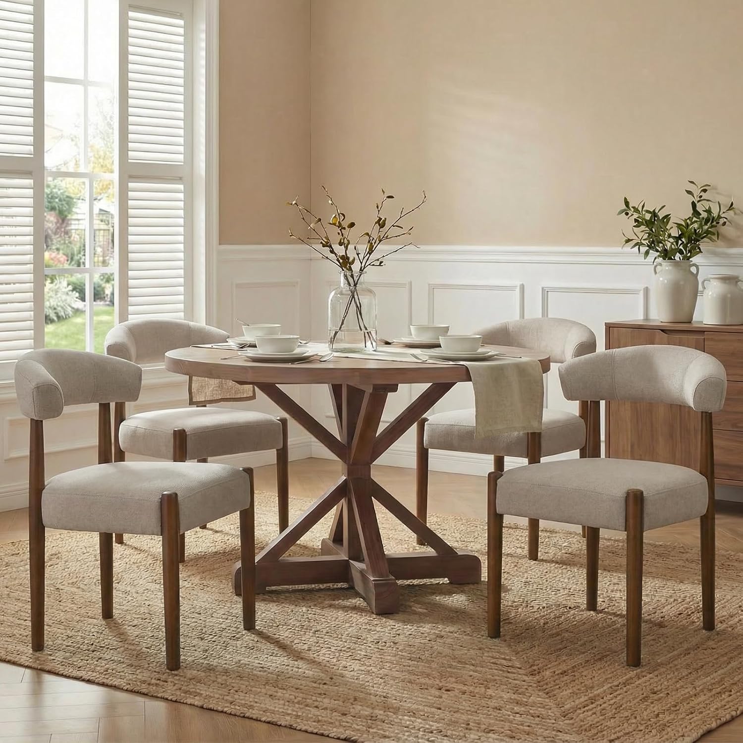 VKNOW Wooden Dining Chairs Set of 4, Modern Upholstered Dining Room Chairs with Walnut Wood Legs and Curved Backrest, Fabric Kitchen Chairs for Farmhouse/Living Room/Dining Room, Beige