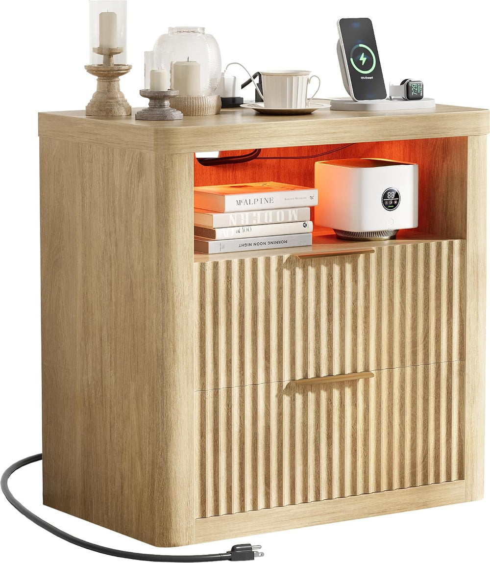 JUMMICO Fluted Nightstand with Charging Station & RGB Lights,Wooden End T...