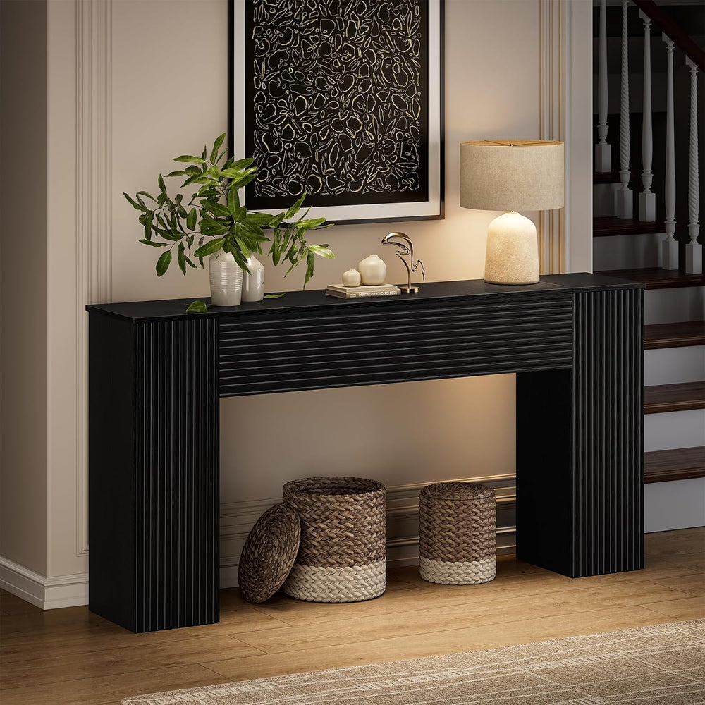 FABATO 61” Fluted Long Console Table with 2 Hidden Storage Cabinets, Black