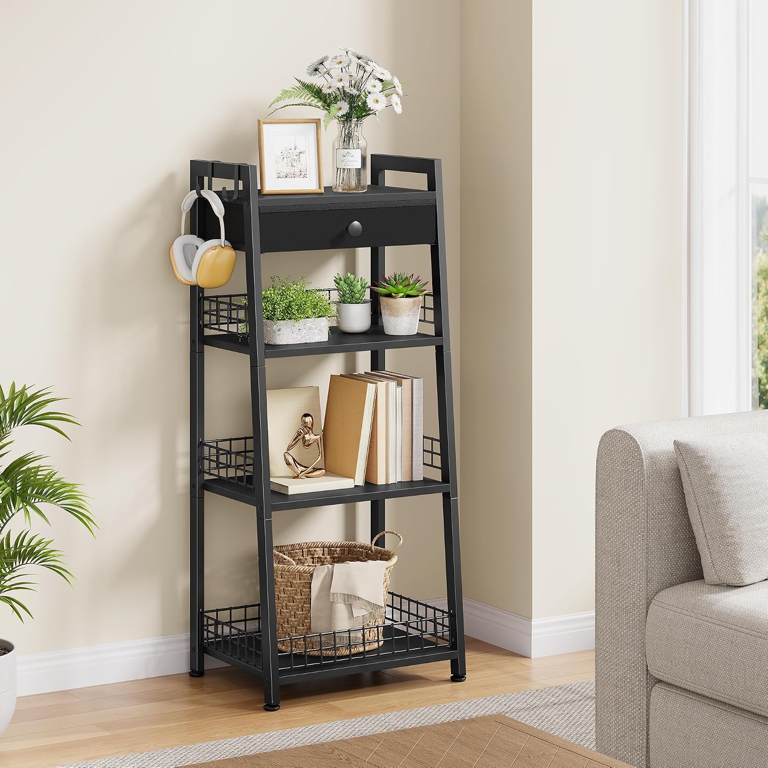 Gewudraw Bathroom Ladder Shelf with Drawer, 4-Tier Bathroom Storage, Black | Bathroom Table Stand for Small Spaces, Bathroom Storage for Living Room, Bedroom, Kitchen, Bathroom Organizer Standing Shelf