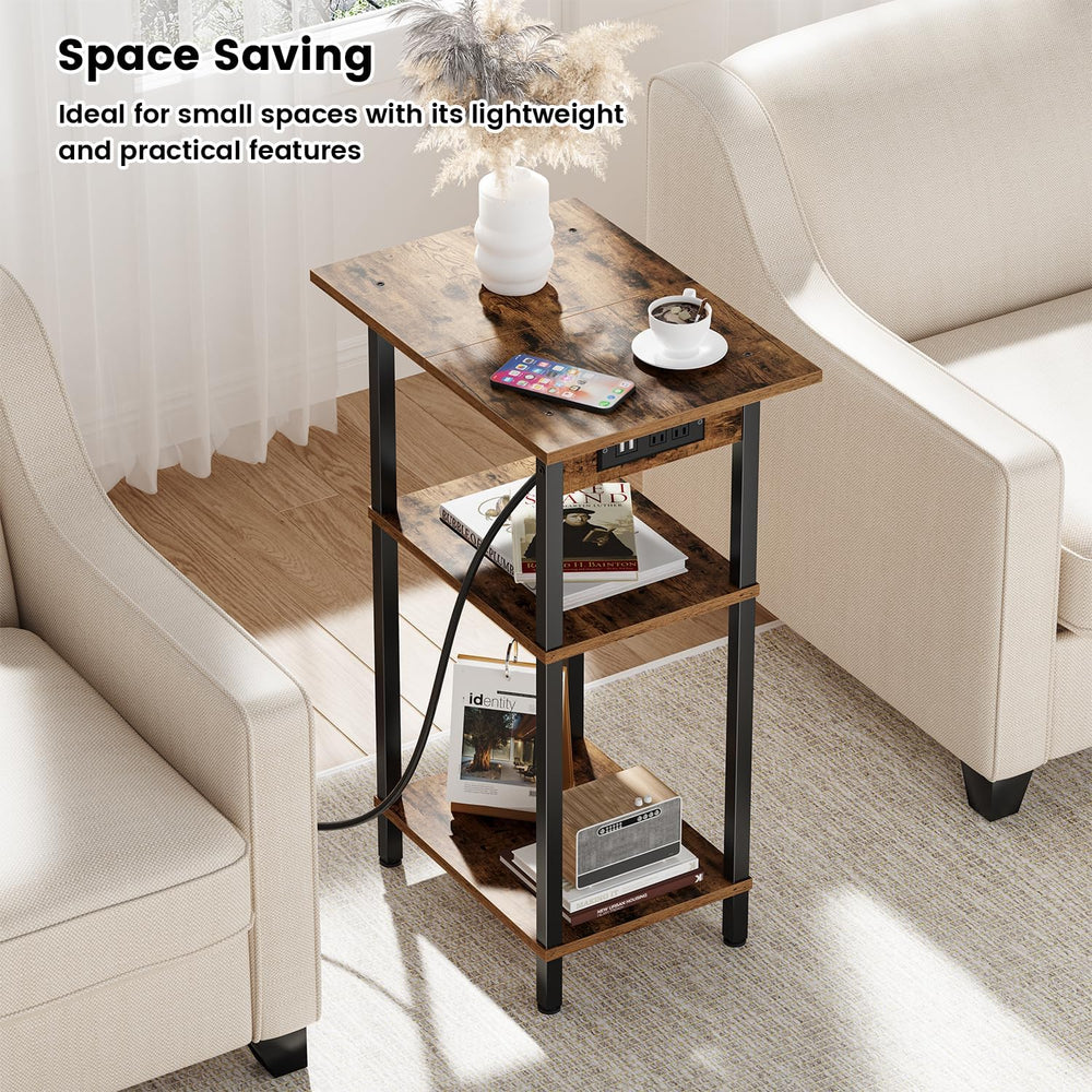 Asgolion Tall End Table with Charging Station, Skinny Nightstand with USB Por...