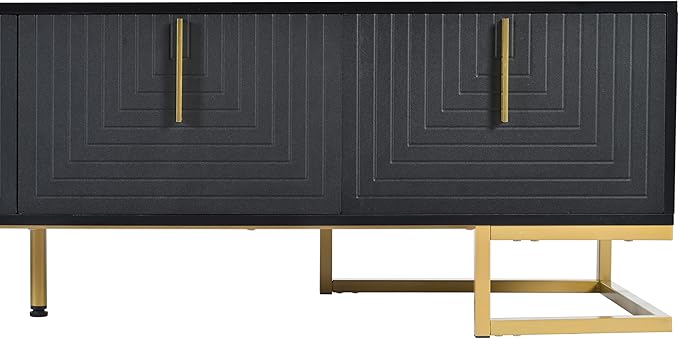 Ball & Cast Modern TV Stand with Storage Cabinets for TVs up to 80", Luxury Media Console w/Metal Legs & Gold Handles,Geometric Lines & Adjustable Shelf,Entertainment Center for Living Room,Black