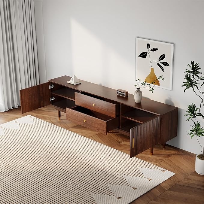 Mid Century Modern TV Stand for 75 inch TV, 66.9" Walnut TV Console with 2 Storage Cabinet & 2 Drawers, Entertainment Center, Media Console for Living Room/Bedroom