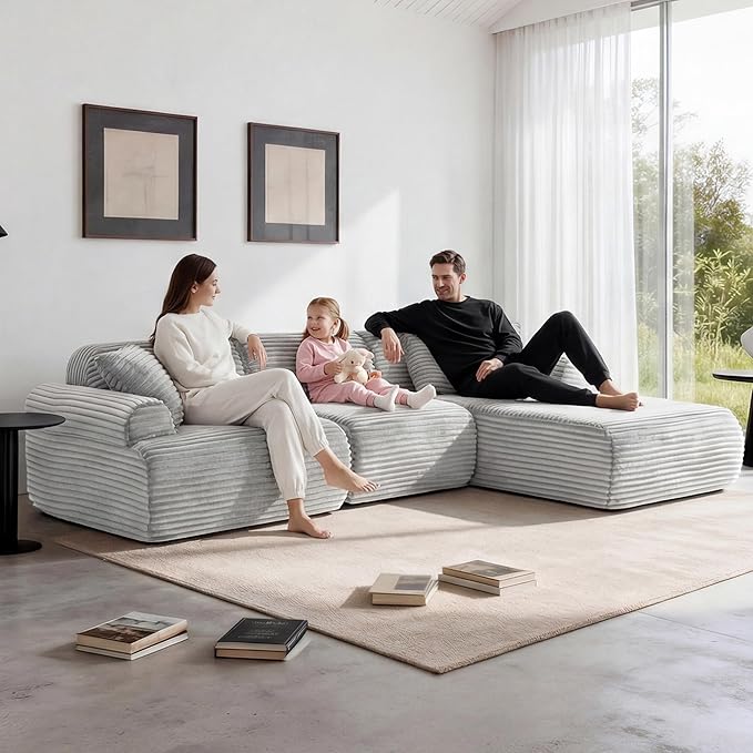 Modular Floor Sofa, Cozy Corduroy Sectional Couch with Fully Washable Covers, Frameless L Shaped Couch for Living Room, Family & Pet Friendly Lounge,No Assembly(Light Gray,Right Facing Chaise)