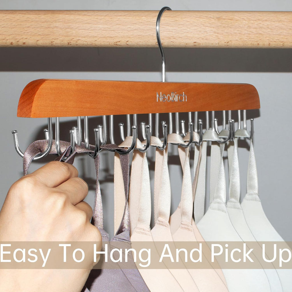 Bra Hanger for Closet Organizers and Storage | Space Saving Wooden Hanger | 20 Steel Hooks for Tank Tops, Camis, Hats, Lingeries, Belts, Ties, Scarfs Holder| 360° Rotating Non-Slip (1, 2 Pack Natural)