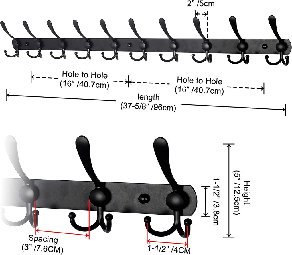Dseap Coat Rack Wall Mount - 38” Long 10-Tri-Hooks Heavy Duty Coat Hanger Rail Wall Hooks for Hanging Coats Hats Clothing Clothes Purse Mudroom Entryway, Black