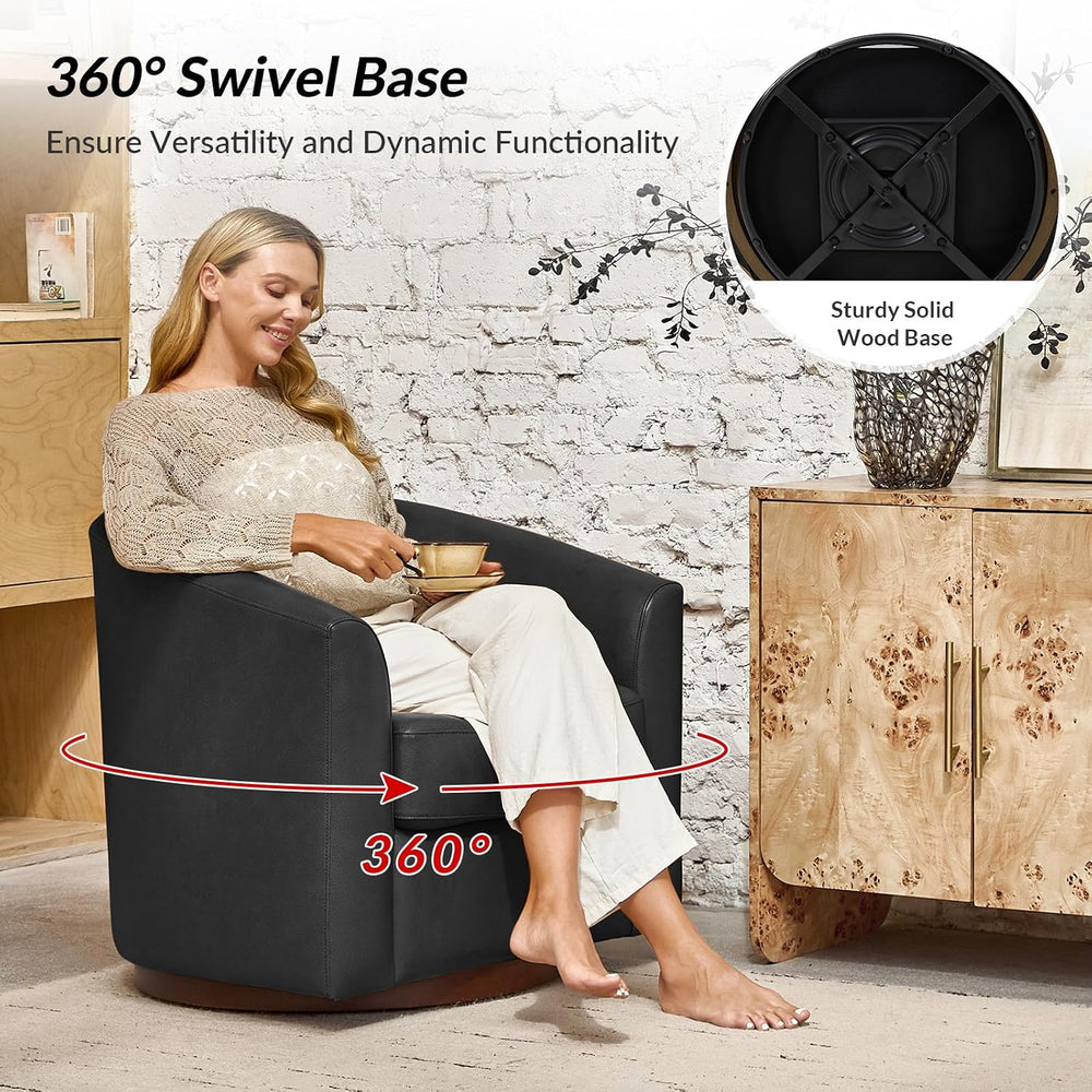 HULALA HOME Genuine Leather Swivel Barrel Accent Chairs Set of 2, Black | Tra...
