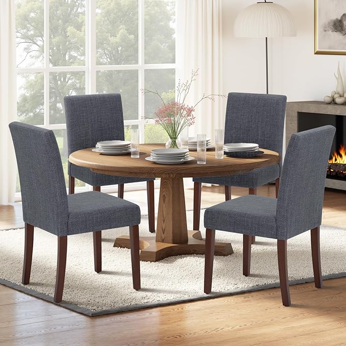 Upholstered Dining Chairs Set of 2 - Line Fabric Modern Farmhouse Kitchen Chairs,Mid-Back Dining Room Chairs with Wooden Legs