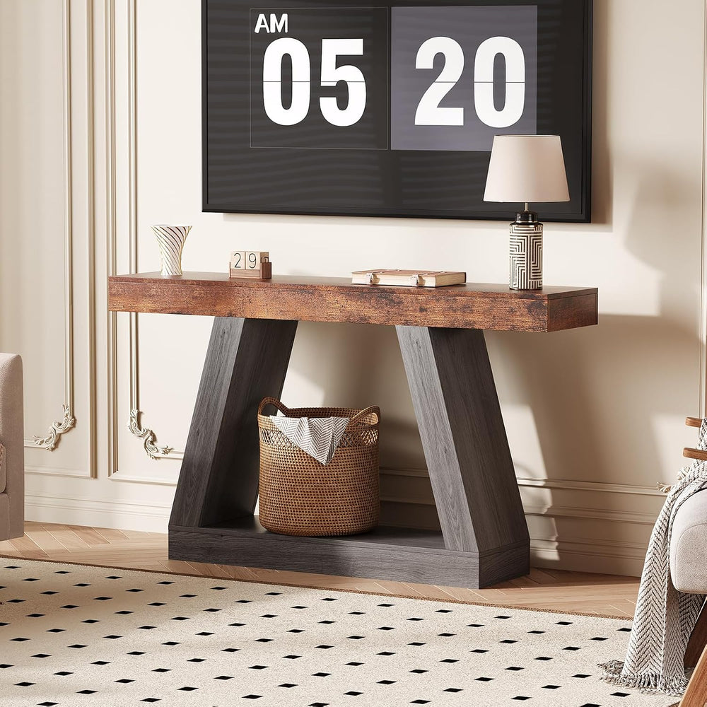 55in Farmhouse Console Table - 2-Tier Wooden Trapezium Sofa Table - Skinny En...