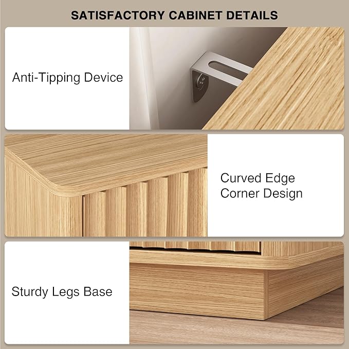 63'' Fluted TV Stand for TVs up to 75'', Modern Long Media Console with Storage Cabinets & Adjustable Shelves, Entertainment Center for Living Room Bedroom (Oak)