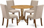 East West Furniture DLFL5-ANA-04 5 Piece Dining Room Furniture Set Includes a Round Dining Table with Dropleaf and 4 Light Tan Linen Fabric Parsons Chairs, 42x42 Inch, Natural