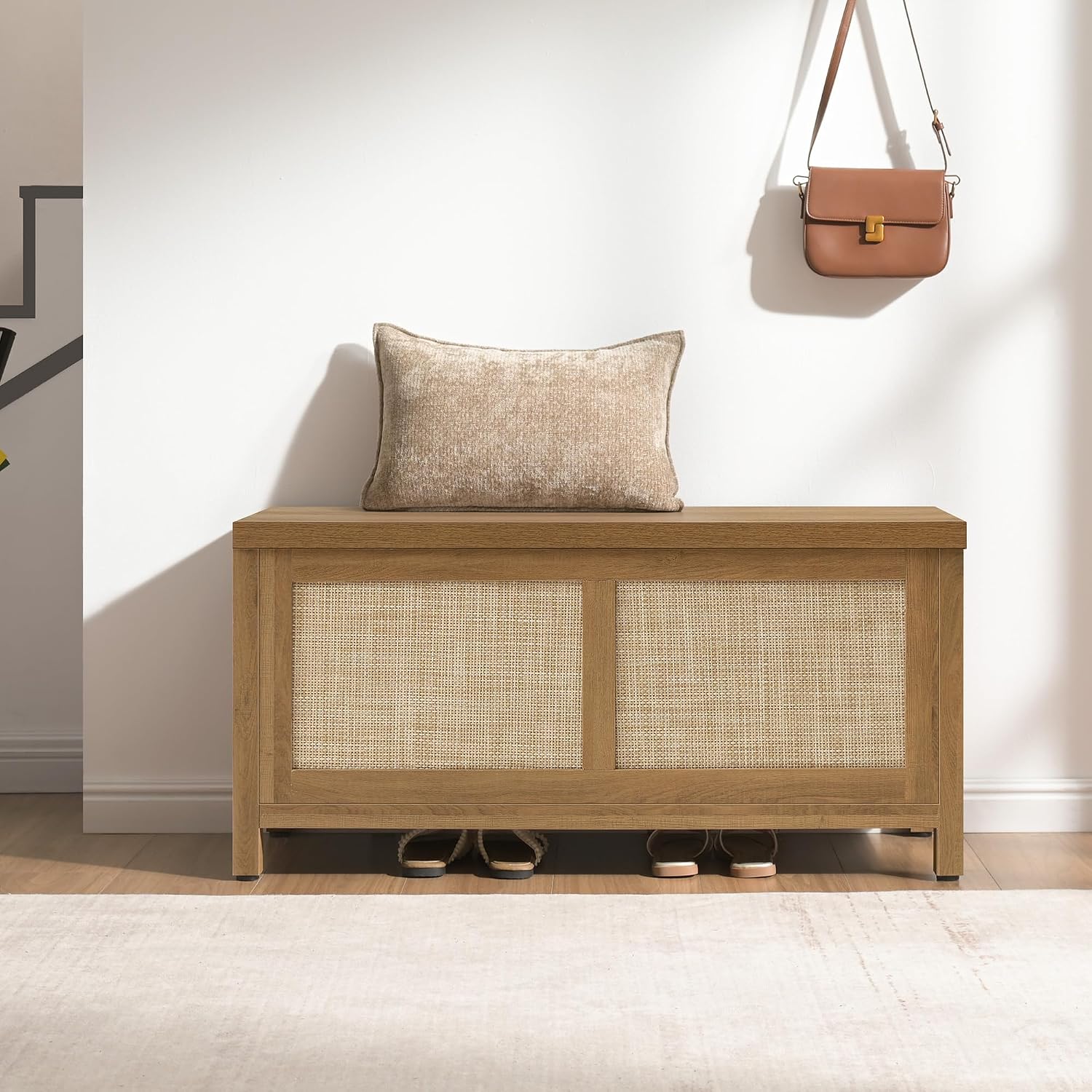 SICOTAS Rattan Storage Chest 39.4" Storage Bench for Bedroom | Boho Storage Truck with 2 Safety Hinges and Flip Top for Living Room Entryway, Supports 220 lb, Oak