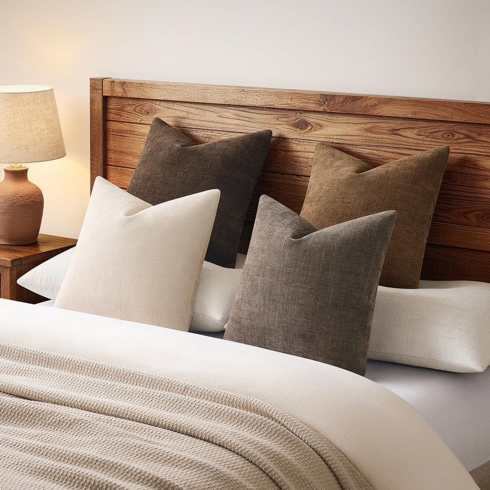 Pack of 4 Throw Pillow Covers 20x20 Inch Chenille Textured Neutral Brown Soft...