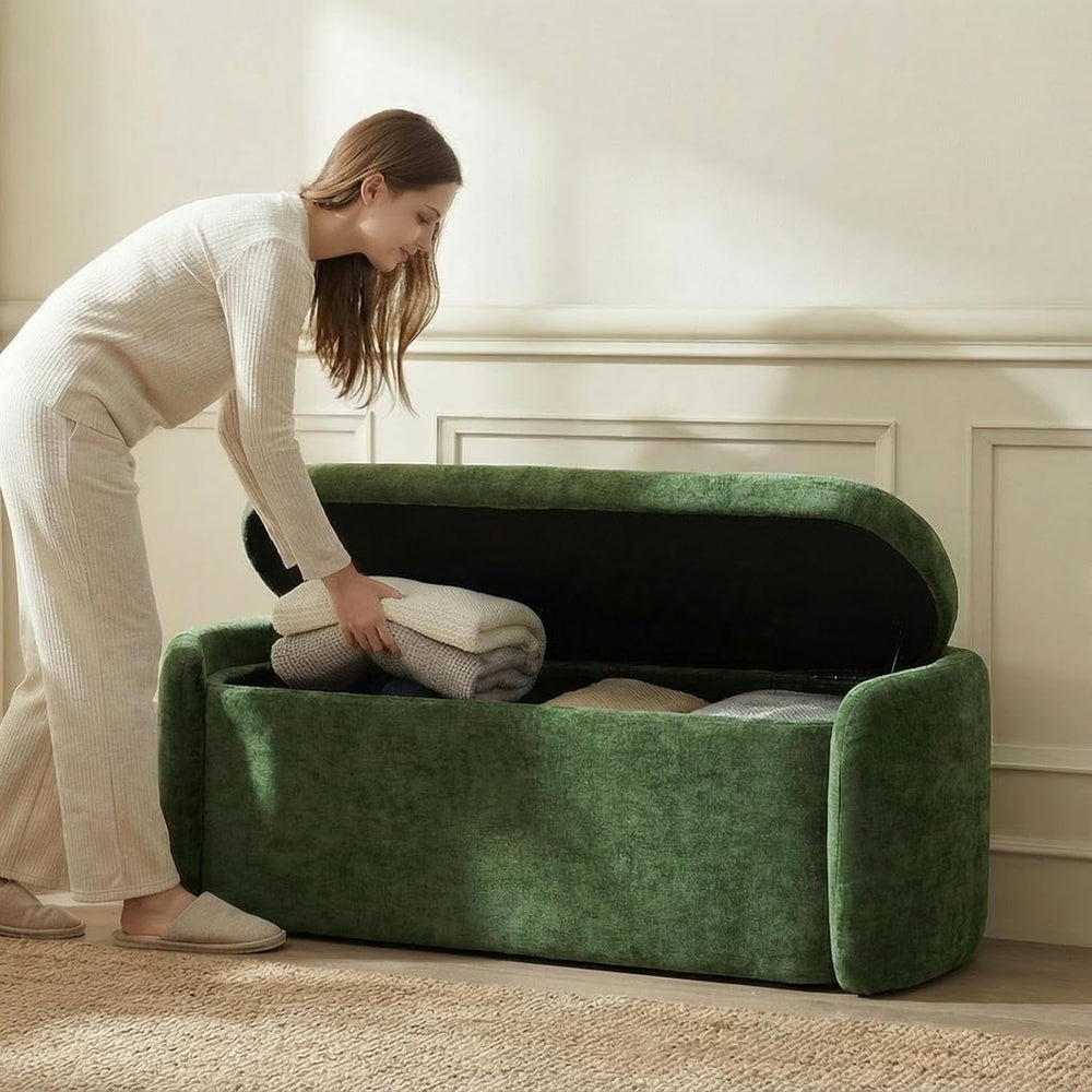 VKNOW Storage Bench, Upholstered Storage Ottoman Bench with Hinge, Green | Ot...