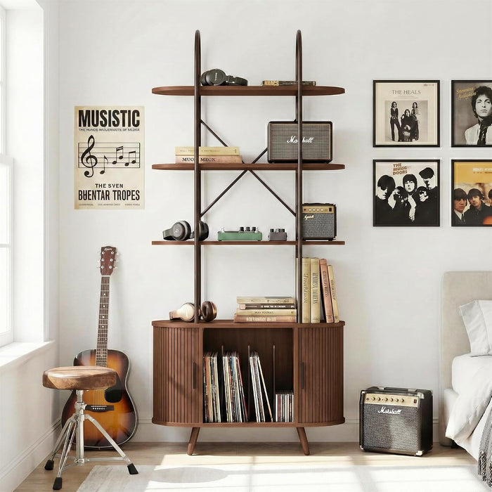 Tall Vinyl Record Player Stand with Sliding Doors, 4 Tier Shelf, Walnut