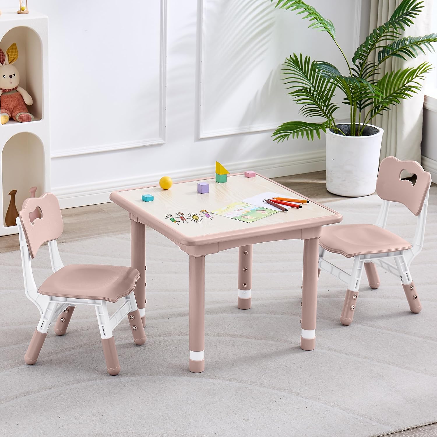 DOREROOM Kids Table & 2 Chairs, Height Adjustable (17.7"-26.1"), Pink-W | Graffiti Desktop,Table Supports 300 lbs,Toddler Ages 3-8，Children Multi-Activity Table Set for Playroom, Daycare, Classroom