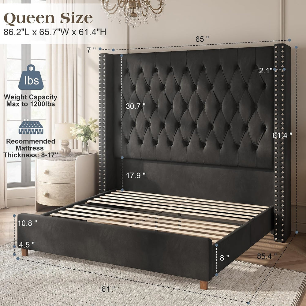 PaPaJet Queen Bed Frame 61.4" Tall Upholstered Wingback Headboard, Black