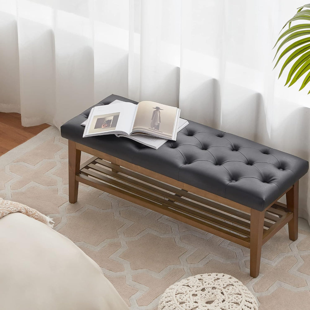 HUIMO PU Leather Entryway Shoe Bench, Button Tufted End of Bed Bench,Black | ...