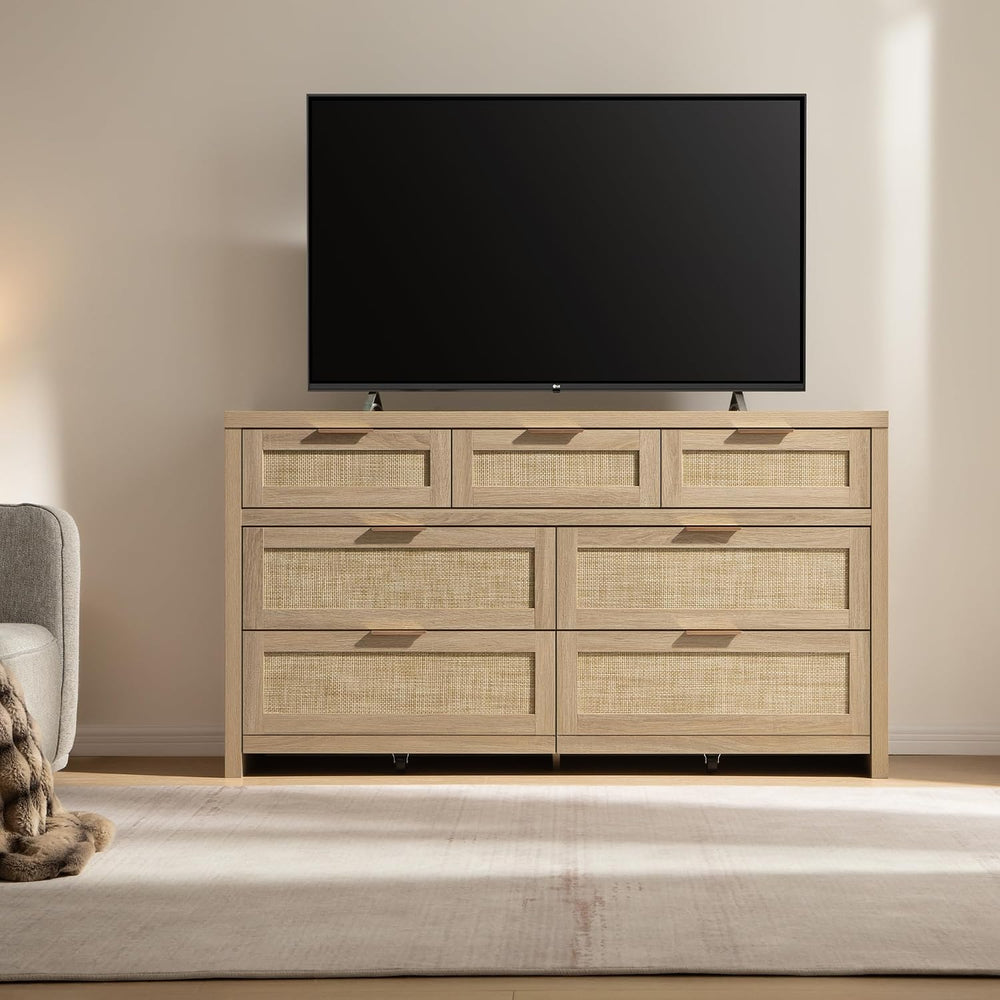 SICOTAS 7 Drawer Dressers for Bedroom Set 2, Long Rattan Dresser, Dresser TV ...