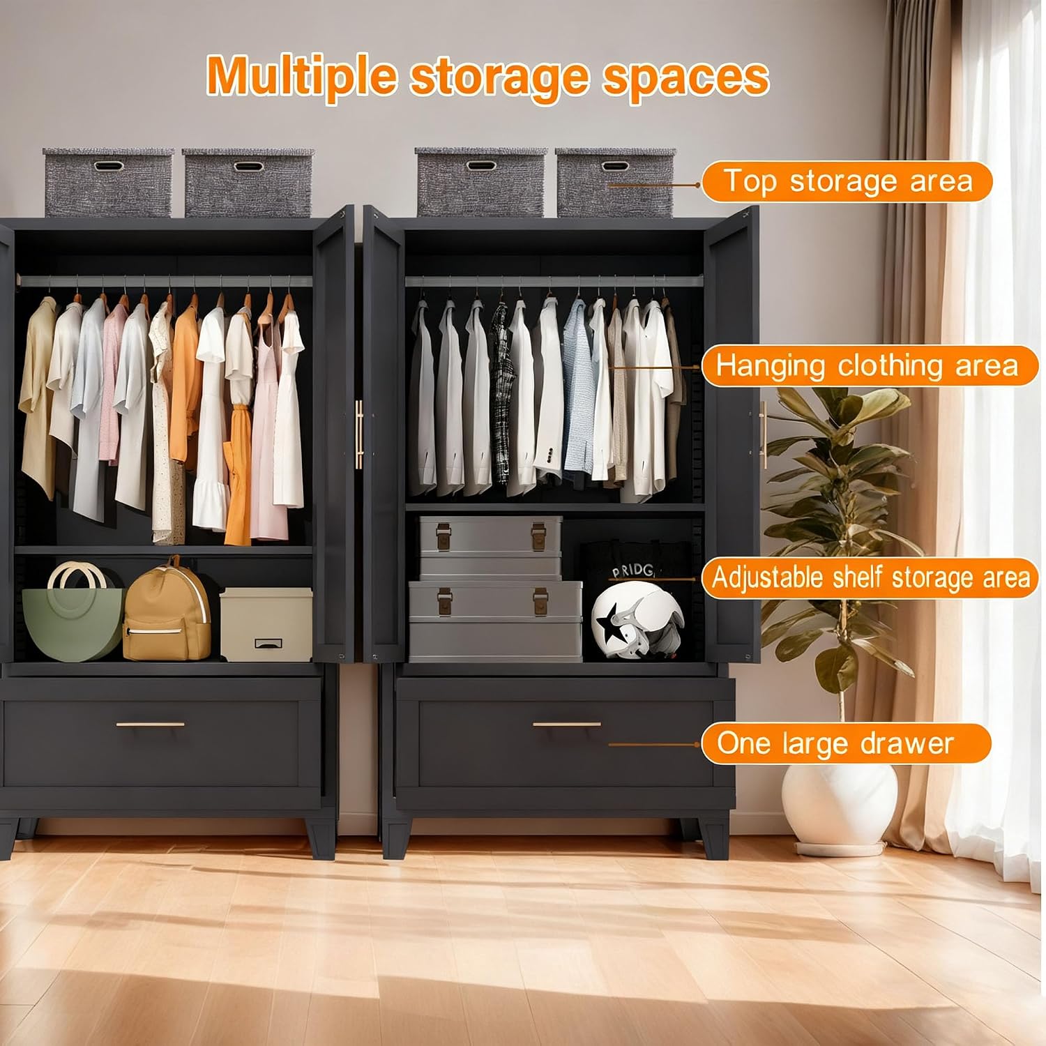 Anwick Metal Wardrobe Closet, 60" Tall Black Metal Wardrobe Cabinet | Hanging Rod, 1 Drawer, 2 Doors and Adjustable Shelf for Bedroom Guest Room Laundry Room