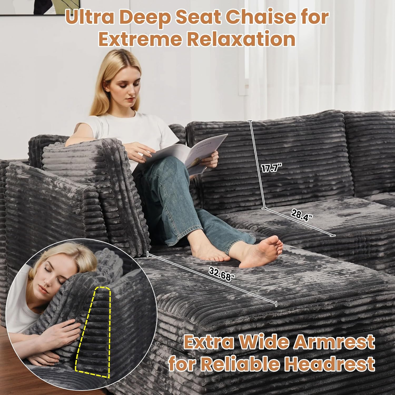 ovios Modular Sectional Sofa Couch with U-Shape Chaise Ottomans, Comfy Plush Corduroy Cloud Couches, Modern Luxury Deep Seat Sofas Set for Living Room, 9-Seater, Grey