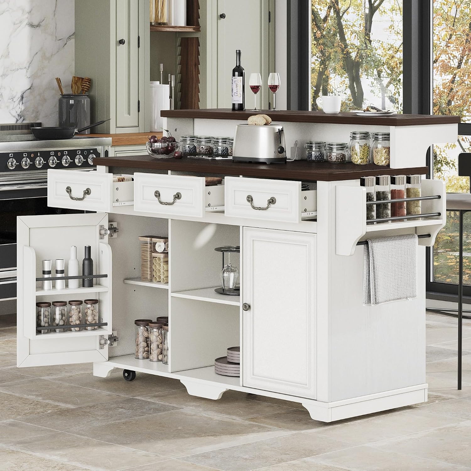 53.2" Two-Tier Kitchen Island with Power Outlet, Rustic White | Rolling Bar Cabinet with Storage, 4 Door Shelves, Adjustable Shelves, 3 Drawers for Kitchen