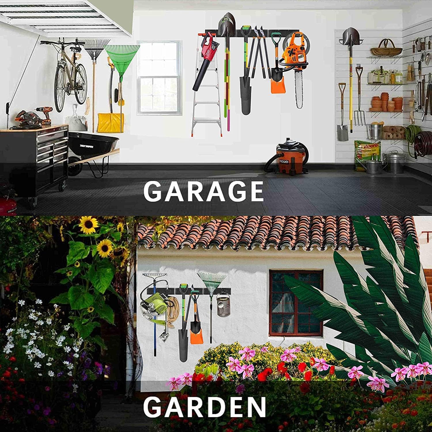 Garage Organzier Wall Mount, 48 Inch Garden Tool Organizer, 16PCS Heavy Duty Garage Storage Organization, Adjustable Tool Storage Rack Hooks, Yard Shed Tool Organizer Hold Max 450 lbs