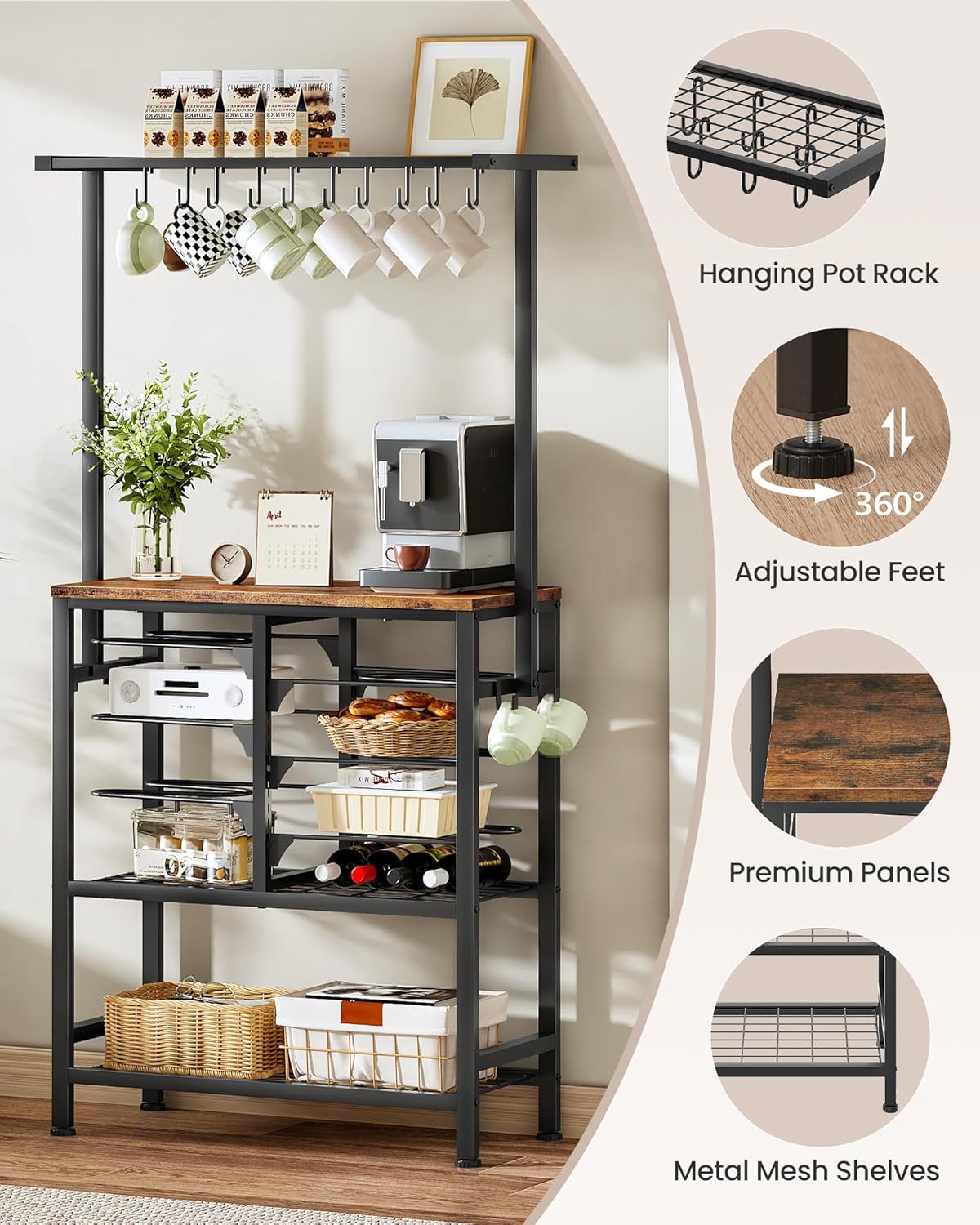 CHOEZON Pots and Pans Organizer Rack, Kitchen Bakers Rack, Multi-Tier Storage Shelf, Kitchen Island Table, Cooking Rack with Pots and Pans Storage, Rustic Brown and Black TPR60BF