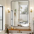 30 x 48 Inch Bathroom Mirror, Rounded Rectangular Vanity Mirror for Wall, Modern Mirror for Room Decor, Black Framed Wall-Mounted Mirrors for Home Decor, Hangs Horizontally or Vertically