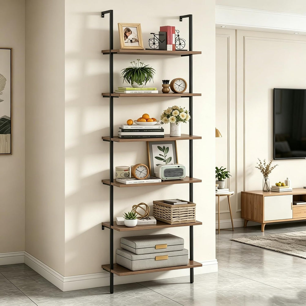 Wolawu Ladder Shelf Black 6 Tiers Modern Bookshelf Room Organizer Open Tall W...