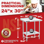DuraSteel NSF Commercial Kitchen Table - 24 x 30 Inch Cooking Prep Stainless Steel Kitchen Island Workstation w/ Adjustable Under Shelf - Heavy Metal Backsplash Workbench For Restaurant, Home, Garage