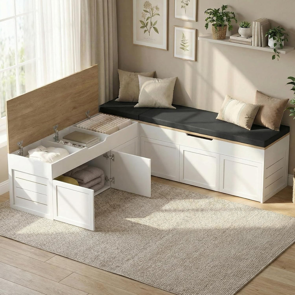 Kikihouse L-Shaped Corner Storage Bench with Cushion, Backless Wood Bench wit...