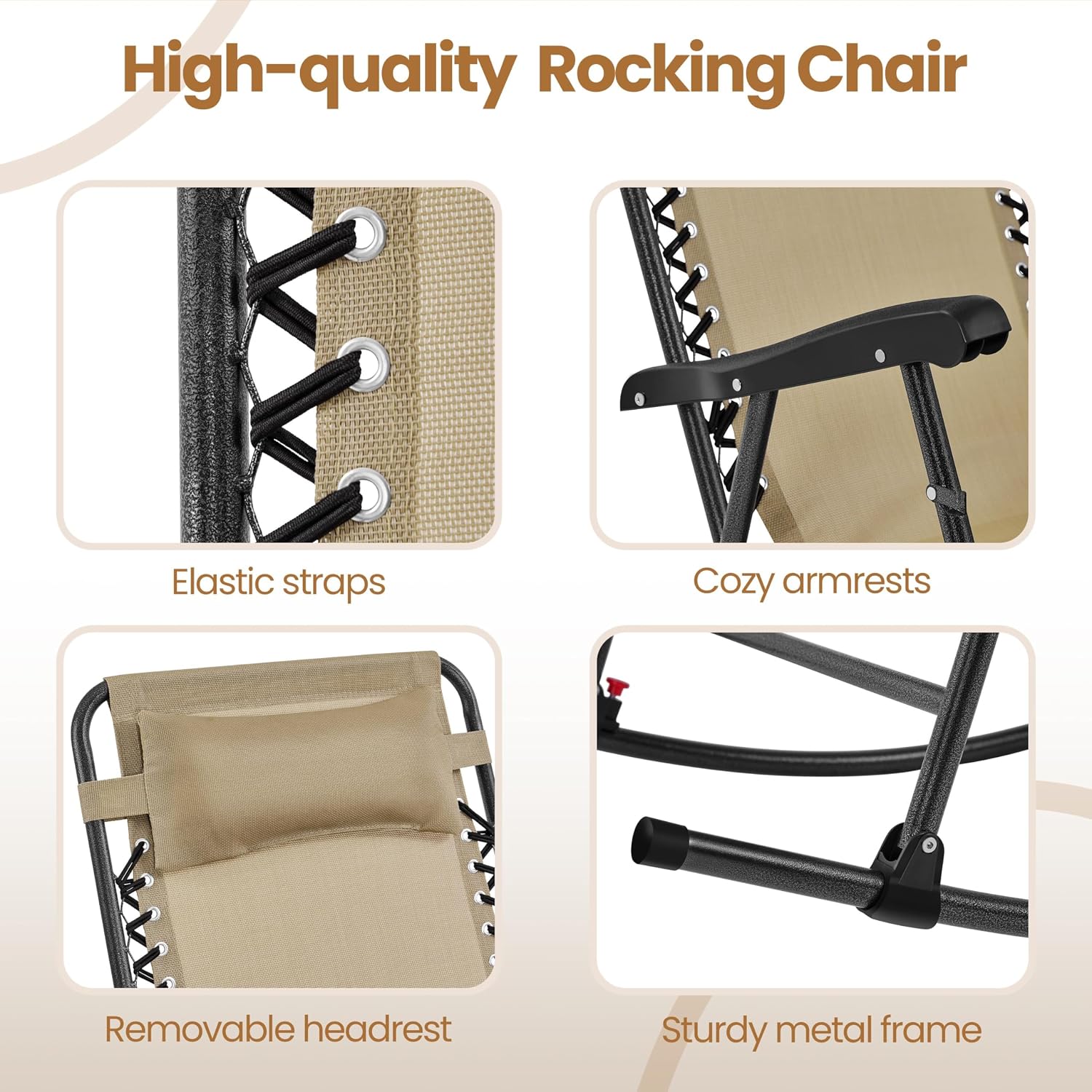 Yaheetech 26in Rocking Chair Outdoor Zero Gravity Folding Chairs Rocking Chairs Foldable Outdoor Reclining Lounge Chair for Outside Lawn with Cupholder/Pillow Ergonomic Design for Rest, Beige
