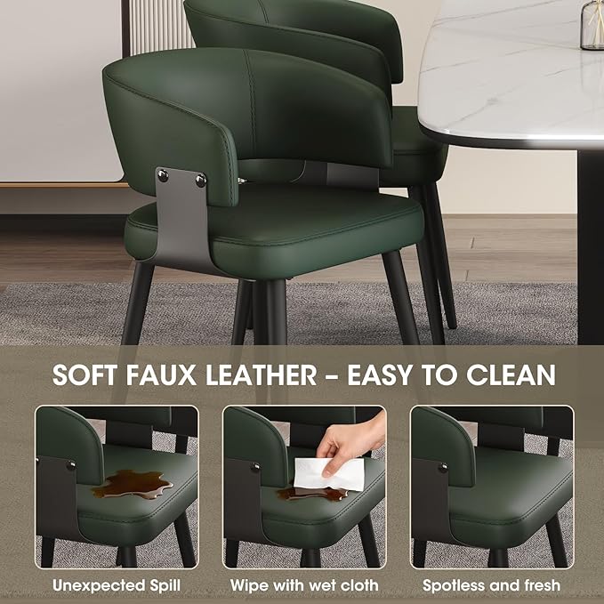 Modern Dining Chairs Set of 4, Upholstered Faux Leather Kitchen Side Chairs with Curved Open Back, Easy Assembly for Dining Room, Restaurant, Cafe, Green