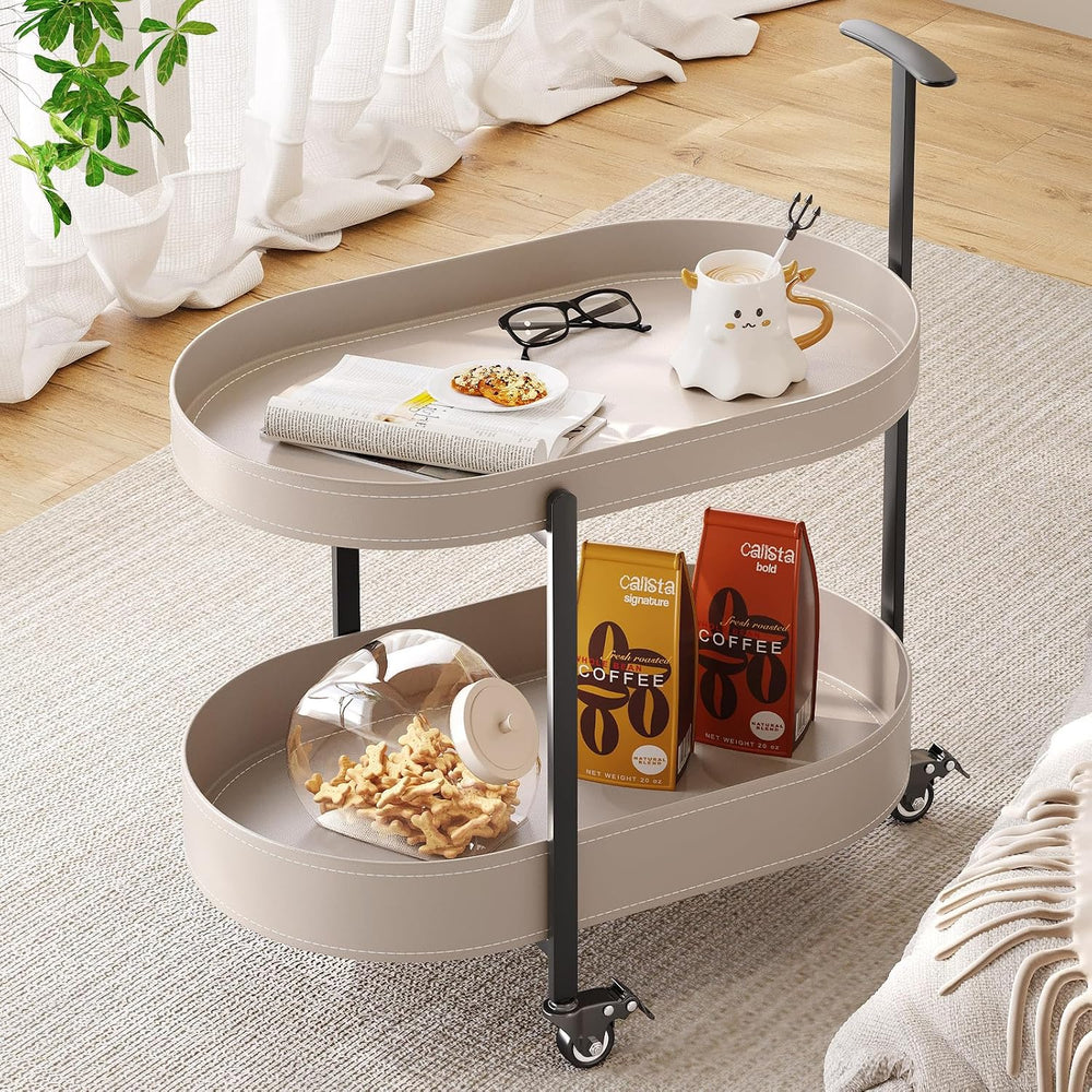 Oval End Table with Storage Shelves, 2-Tier PU Leather Tray Side Table with W...