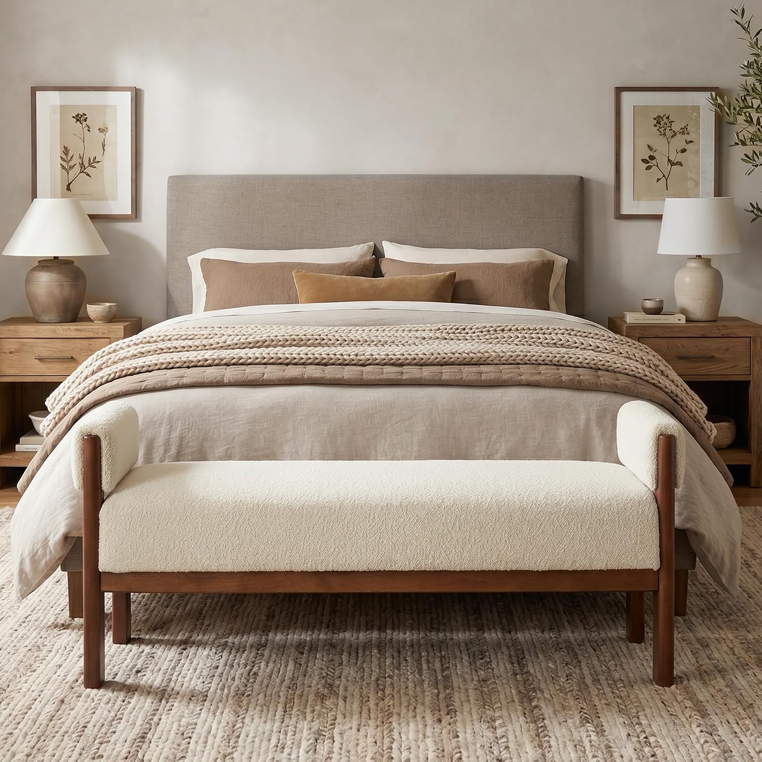 VKNOW 51.8”End of Bed Bench Upholstered Bedroom Bench with Arms, Beige | Solid Rubberwood Legs, Soft Fabric, Thickened seat cushion, Bedroom Living Room Entryway Dressing Areas, Easy to Assemble