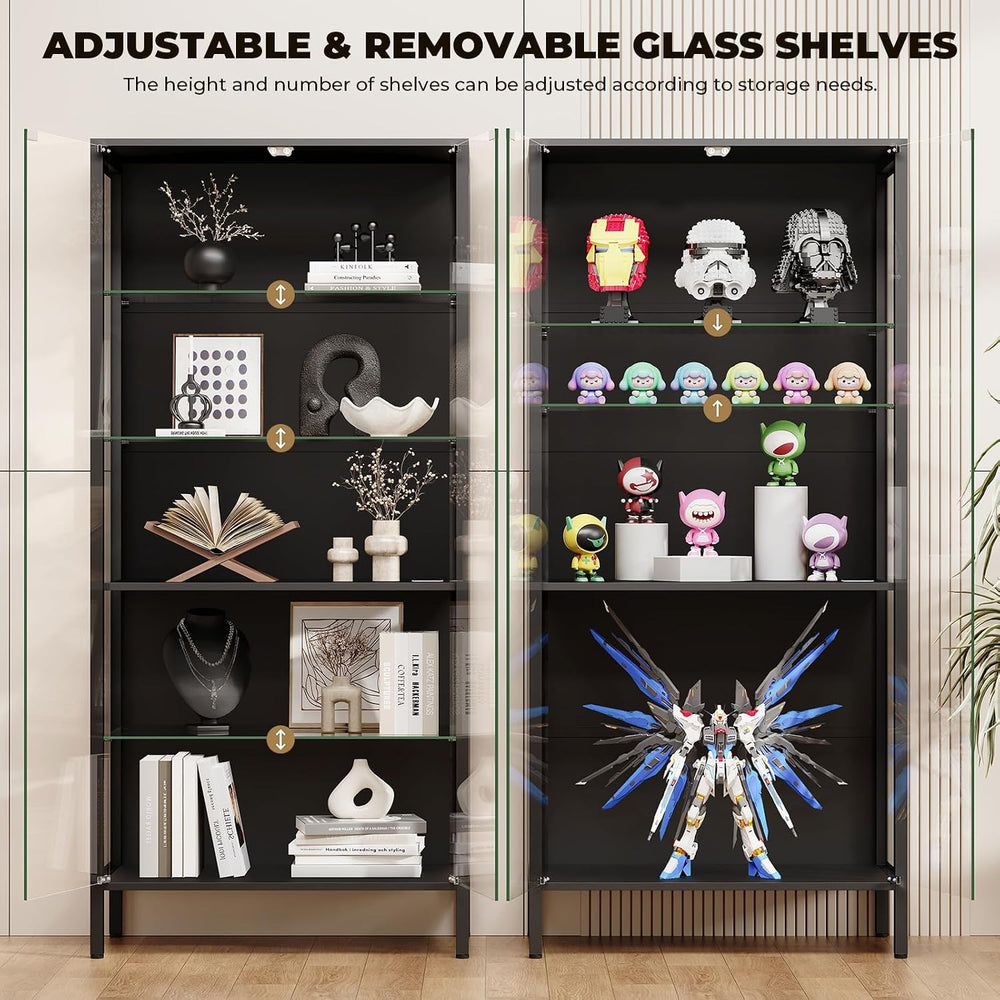 Glass Display Cabinet, 5-Tier Display Case with Adjustable Glass Shelves, Met...